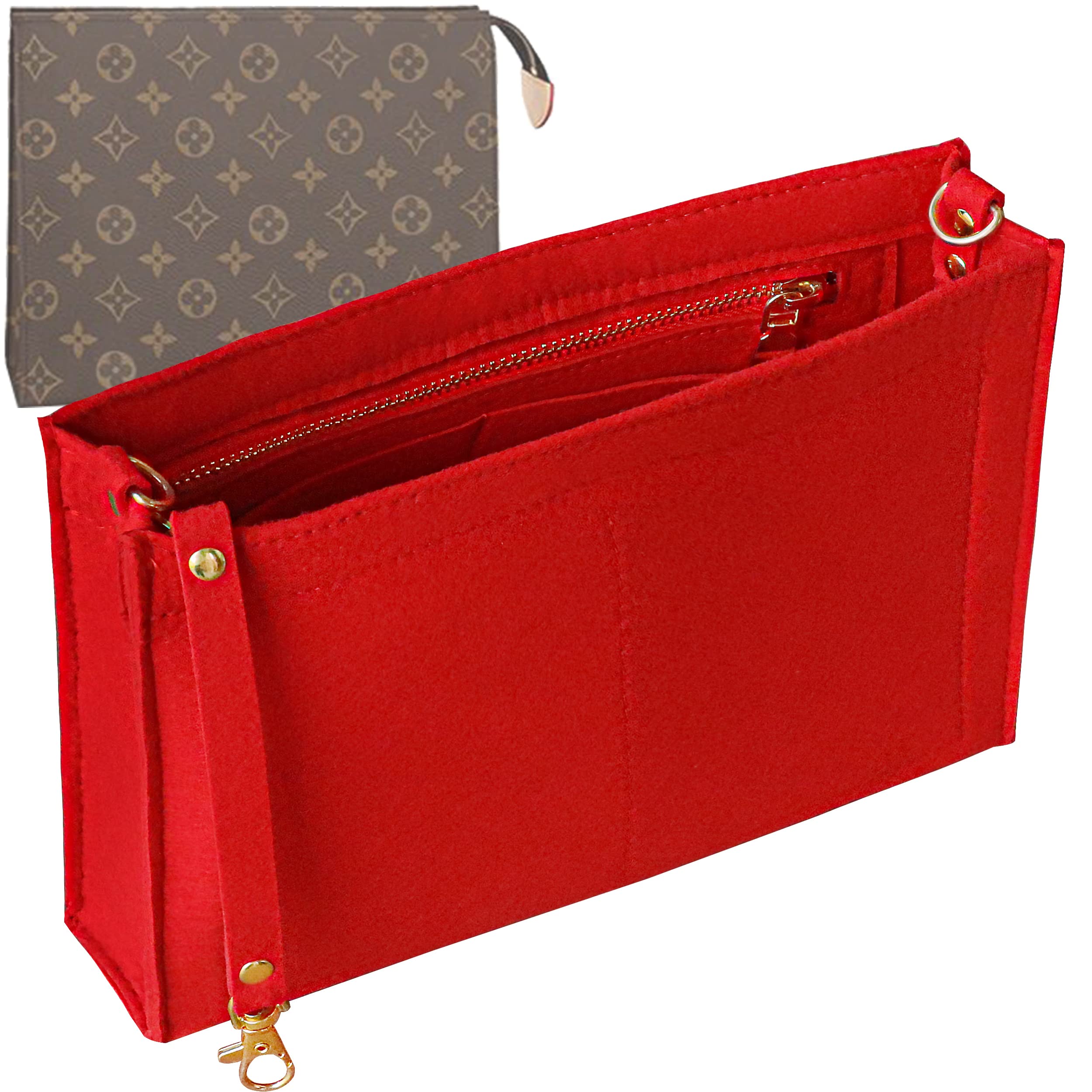 Soyizom Toiletry Pouch 19 26 Bag Organiser Insert for Cosmetics Tidy Organiser,Felt Purse Organiser Insert Ladies Tote Handbag Liner Pocket Organiser with Keychain & Gold Buckle & Zip(Large-26,Red)