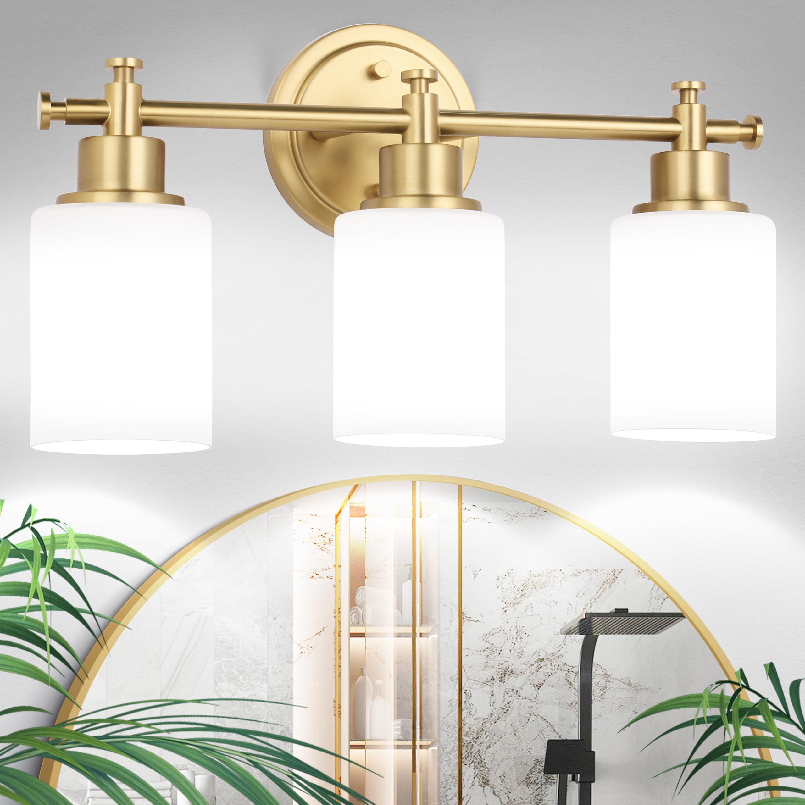 Photo 1 of imizdlum 3-Light Gold Bathroom Vanity Light Fixtures, Brushed Gold Wall Sconce, Champagne Gold Vanity Light with Milky White Glass Shade Over Mirror, Bathroom, Bedroom, Modern Style, E26 Base
