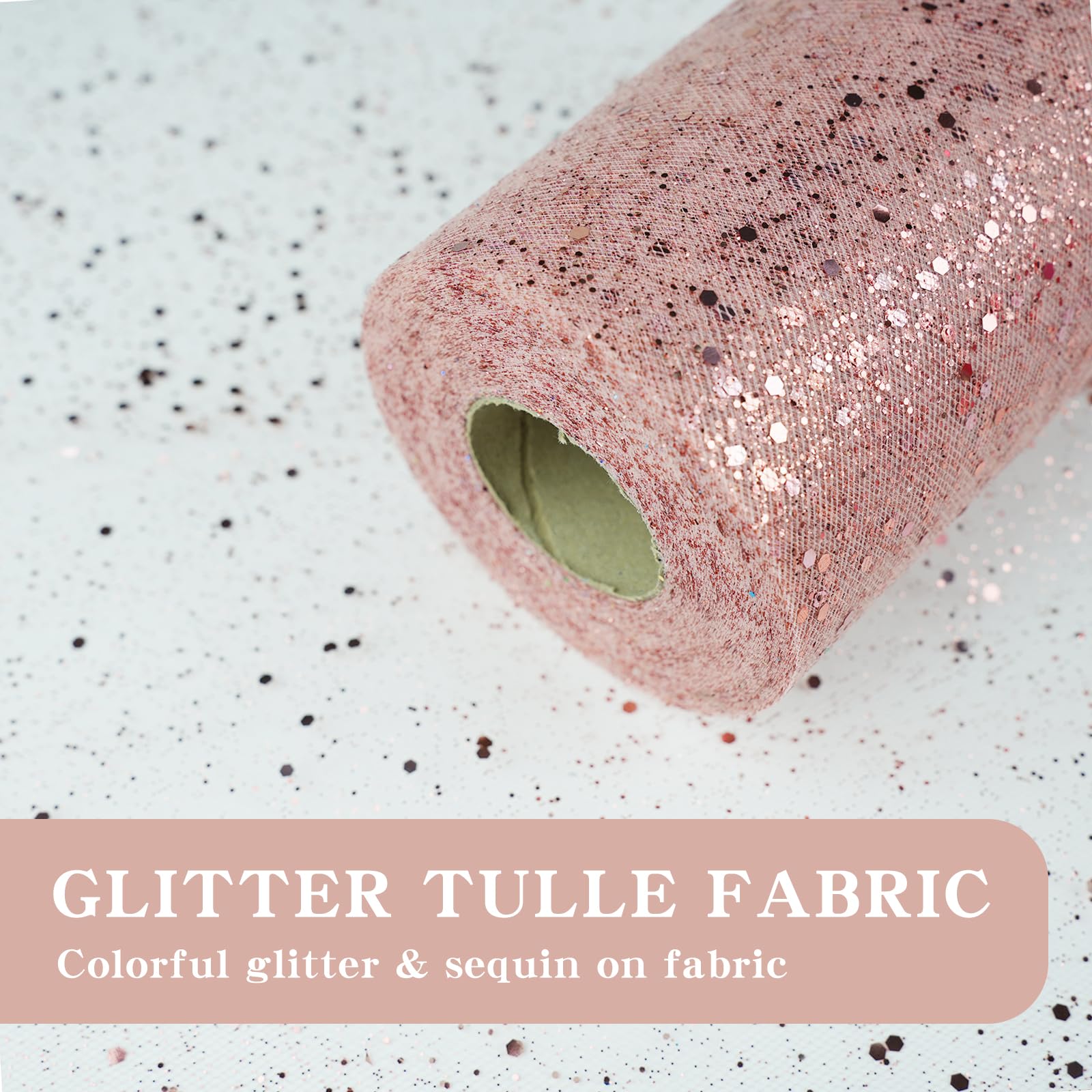 Glitter Tulle Rolls, 6” by 50 Yards (150FT) Sparkling Tulle Spool Ribbon Sequin Tulle Netting Fabric for Tutu Skirt Wedding Birthday Baby Shower (Rose Gold)