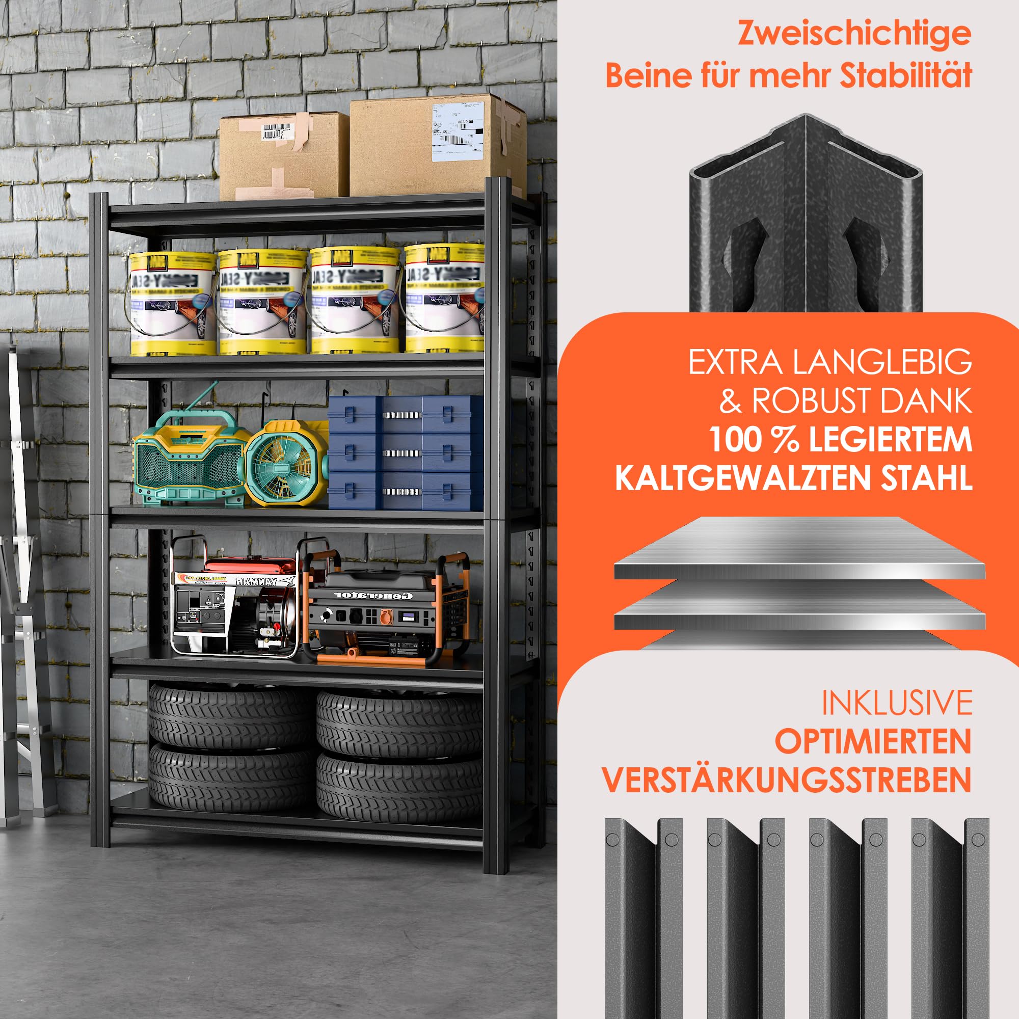 SUPEER Schwerlastregal Metall 183x90x40 cm mit 5 Verstellbaren Metallböden | Lagerregal für Keller & Werkstatt | Tragkraft bis 1000 kg | Schwarz ﻿ 7