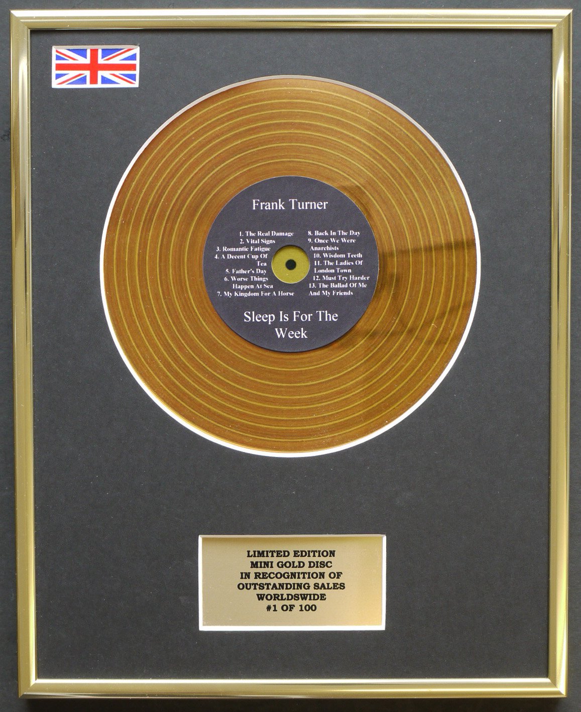 FRANK TURNER/MINI GOLD DISC DISPLAY/LIMITED EDITION/COA/SLEEP IS FOR THE WEEK