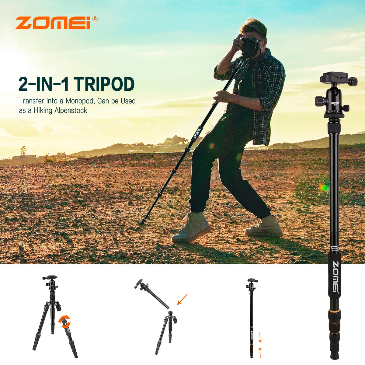 ZOMEi Q666 Tripod Magnesium Aluminum Alloy Light Weight Portable Camera Tripod 14.5inch Travel Folding Size with Ball Head and Carrying Case for Canon Nikon Sony Cameras