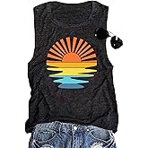Beach Tank Tops for Women Sunset Shirt Summer Beach Graphic Sleeveless T Shirt Summer Vacation Shirt Cami