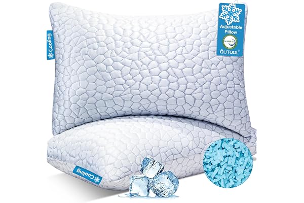 Cooling Memory Foam Pillows Queen Size Set of 2, Adjustable Shredded Foam Bed Pillows for Sleeping, Soft Support Pillows for