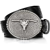 SANSTHS Cowboy Belts for Men Women, Western Leather Belt with Big Buckles Mexican Country Black Longhorn Bull Belt for Jeans