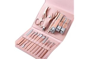 XMOSNZ Manicure Set 16 in 1 Stainless Steel Nail Clipper Kit Professional Grooming Kits Face Hand Foot Skin Care and Nail Care Tools with Leather Travel Case (16,Pink)