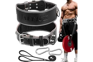 Jaffick Leather Weight lifting belt & 2-in-1 Dip Belt with Rope for Weightlifting Pull Up Gym Powerlifting Squat Bodybuilding Waist Support for Men Women