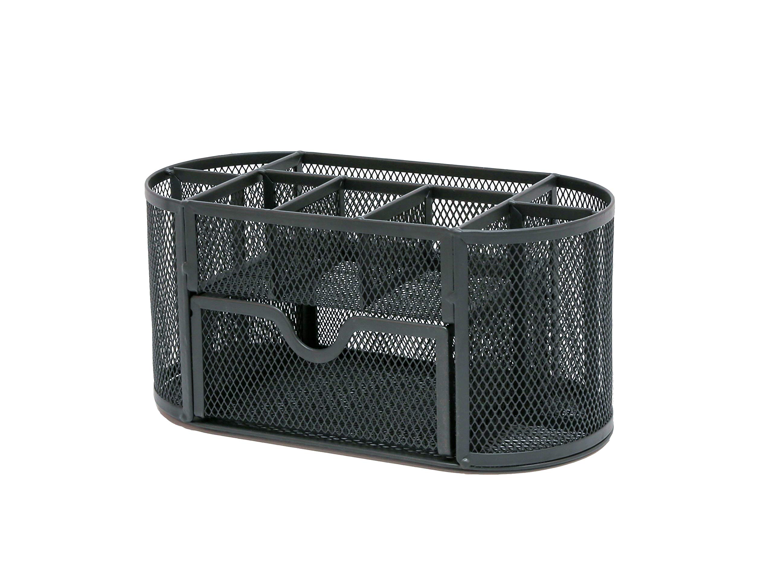 OSCO Graphite Wiremesh Organiser with Drawer | Desk Tidy | Pen Holder | Office Storage | Pencil Storage | 8 Compartments | Stationery Caddy | H10.5 x W22 x D11 cm |