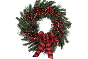 Pudate 22 in Artificial Christmas Wreath with Red Berries and Black Red Checkered Ribbon - Lush Pine Needle Wreath for Holiday Home Decor and Christmas Door Decoration