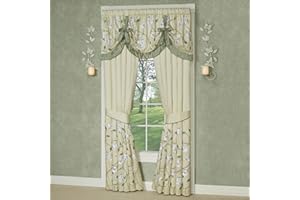 J. Queen New York Luxurious Garden Walk Window Treatment | Sophisticated Polyester Faux Silk Magnolia Flower Embroidery | Vanilla Cream Sage | 2 Piece Lined Tie-Up Valance, Wide Curtain Pair