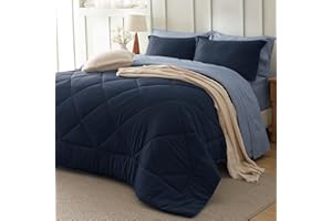 Bedsure Queen Comforter Set - 7 Pieces Reversible Navy Blue Bedding, Queen Size Bed Set for All Seasons, Bed in a Bag with Do