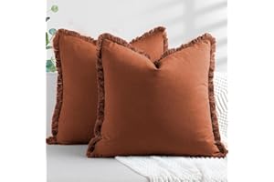 ZWJD Pillow Covers 18x18 Set of 2 Rust Throw Pillow Covers with Fringe Chic Cotton Decorative Pillows Square Cushion Covers for Sofa Couch Bed Living Room Farmhouse Boho Decor