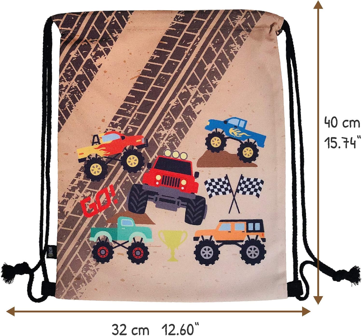 HECKBO Kids Monster Truck Cars Gym Drawstring Bag, 40x32cm, 12.6" x 15.8", String Bag - Image 3