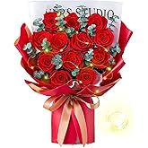 Mosstory Flower Bouquet 12-Piece Red Preserved Roses Bouquet with Led Lights Gift for Women Wife Mother Day Wedding Anniversary Birthday (Red)