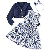 HINTINA Toddler Little Girls Dress And Cardigan Sets 2 Piece Floral Print Sleeveless Dress and Long Sleeve Cardigan Set