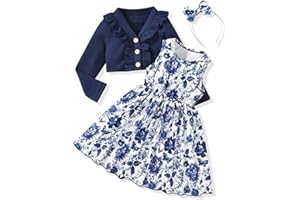 HINTINA Toddler Little Girls Dress And Cardigan Sets 2 Piece Floral Print Sleeveless Dress and Long Sleeve Cardigan Set