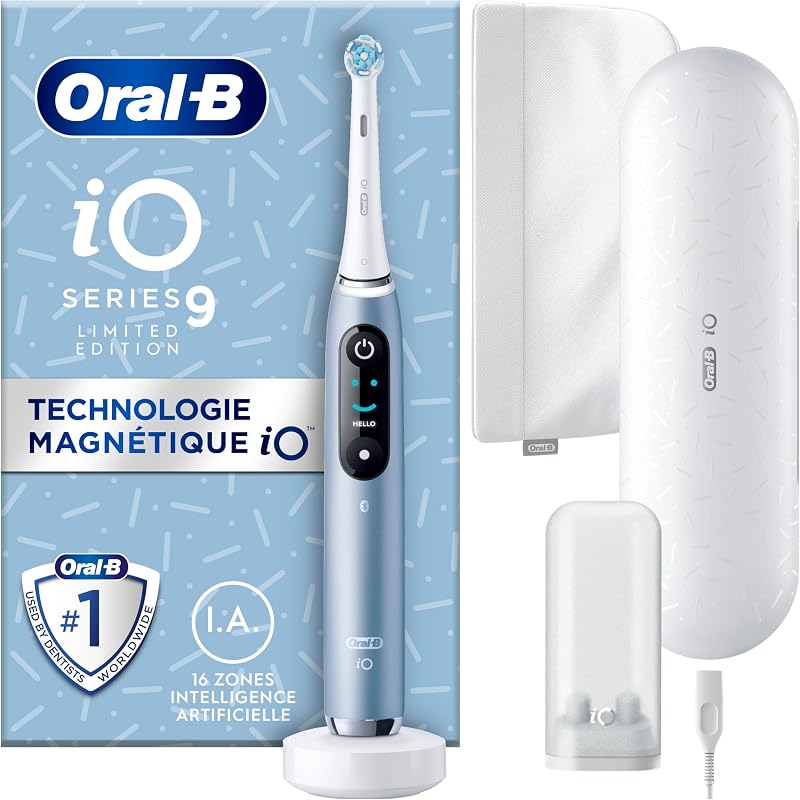 Brosse A Dents Electrique iO 9 Bleue, 7 Modes De Brossage Dont Blancheur Et Soin Des Gencives, 16 Zones De Nettoyage, Ecran Interactif, Brossette Oral B De Rechange, Etui De Voyage