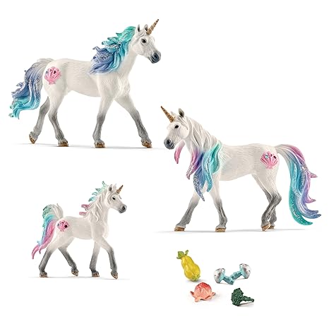 Bayala Schleich mF 20008 - Meereseinhorn Familie mit Futterset, Hengst, Stute Fohlen ( 70570, 70571, 70572 u. 42141)