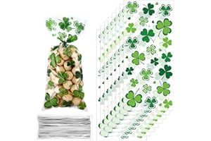 Sumind 100 Pcs St. Patrick's Day Cellophane Treat Bags Irish Lucky Shamrock Plastic Candy Goodie Bags with 100 Twist Ties for Saint Patrick Day Party Accessories (Silver Twist Tie,fresh Pattern)