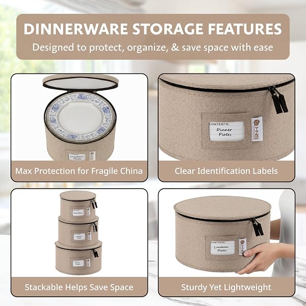 CHINA STORAGE HARD SHELL CONTAINERS 5-PIECE SET MOVING BOXES FOR DINNERWARE, GLASSES, PLATES, MUGS AND SAUCERS STURDY DISH ORGANIZER WITH DIVIDERS FOR SEASONAL STORAGE – SERVICE FOR 12 – BROWN