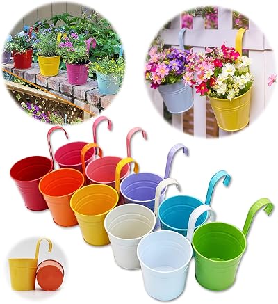 GIOVARA 10Pcs Large Metal Hanging Flower Pot Set Assorted Colors