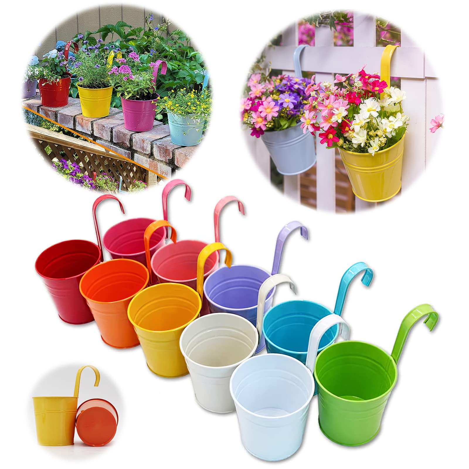 GIOVARA Large Metal Flower Pot Vase Bucket Hanging Garden Planter without Drainage Hole, Balcony Home Decor, Detachable Hook (10 Pcs with Assorted 10 Colours)