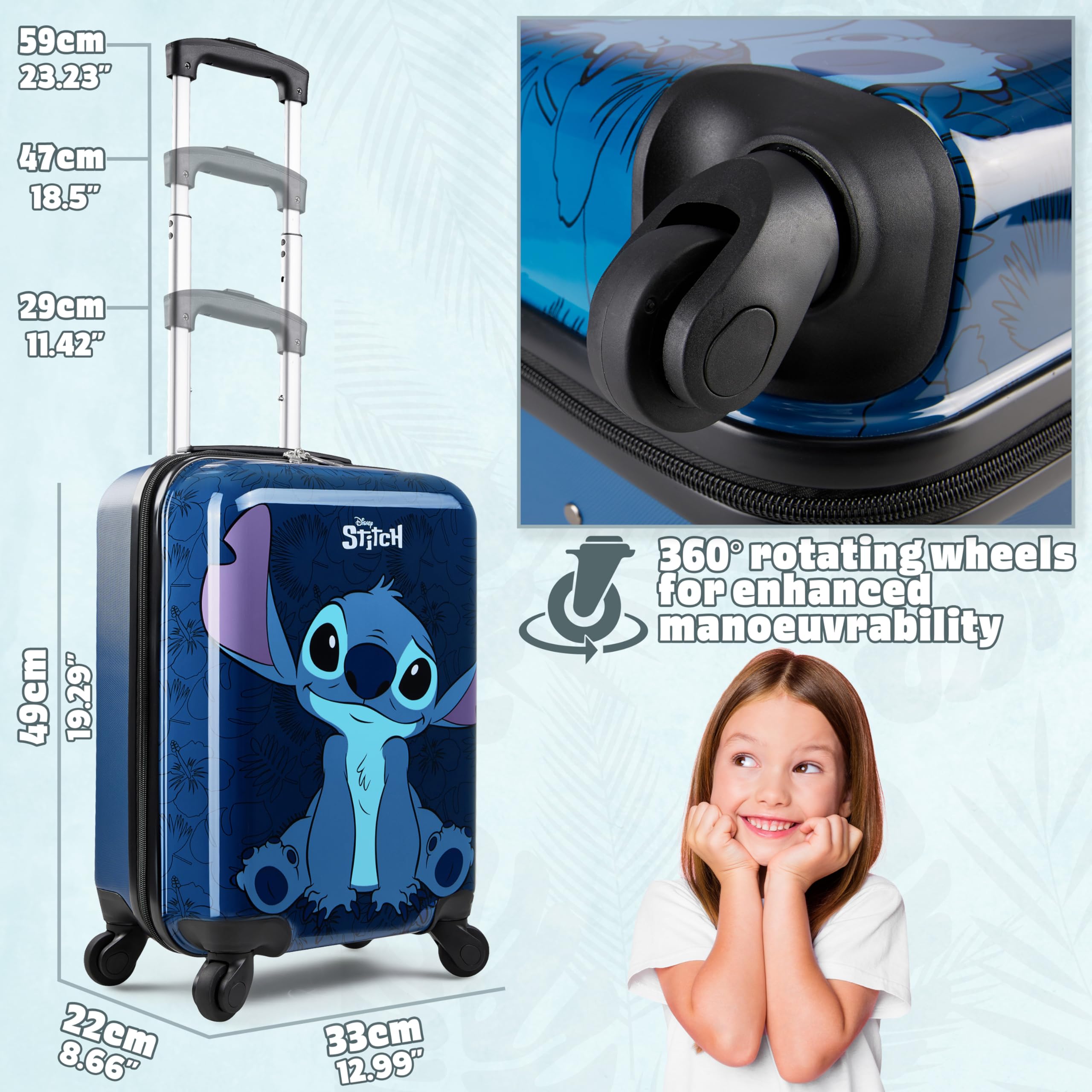 Disney Stitch Suitcase Set or Individual, Hard Shell Suitcase with Wheels 28L, 50L or 91L, 4 Wheels (Navy Stitch Small)