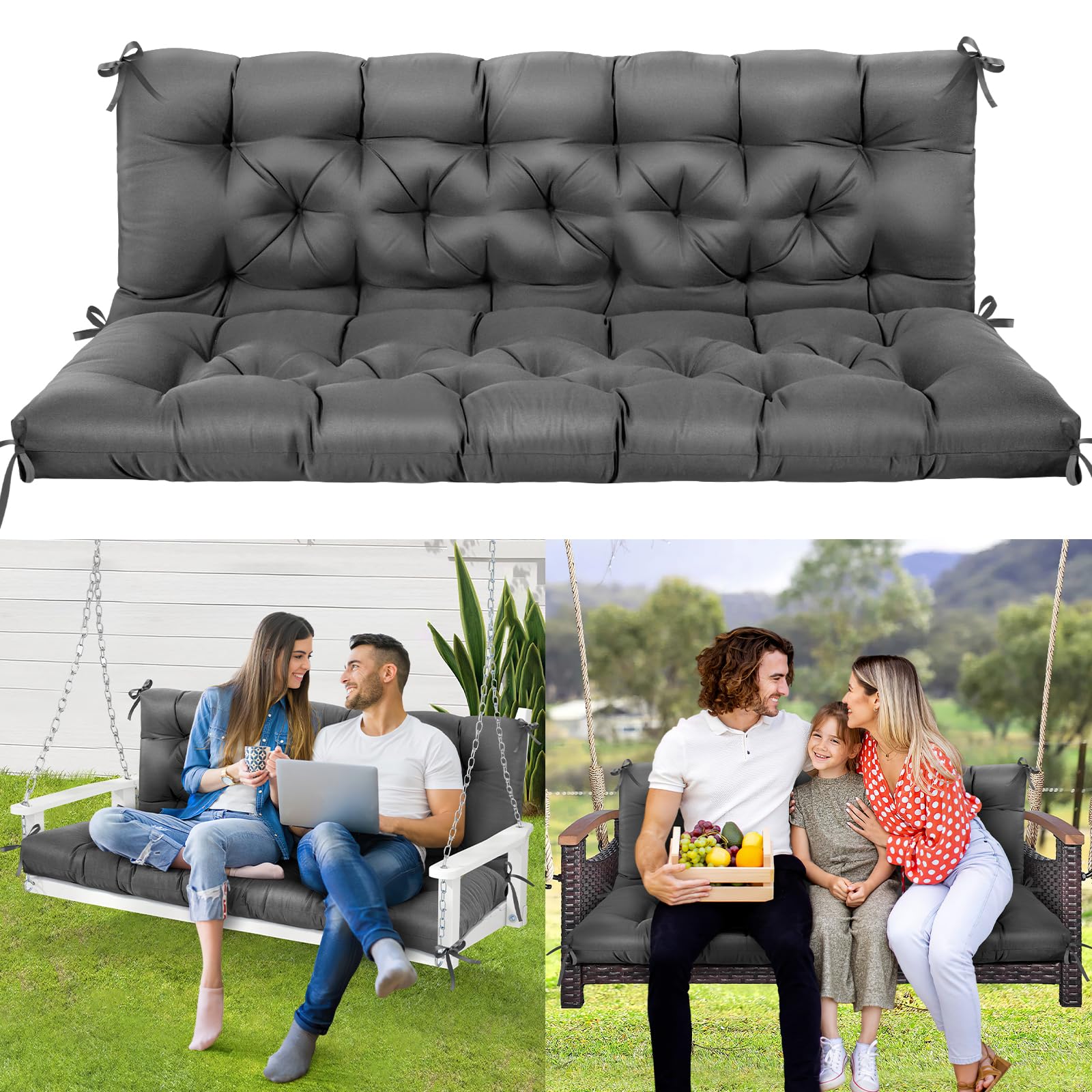 Photo 1 of 1 MIDDLE ONE Porch Swing Cushions, Memory Foam Outdoor Replacement Cushion for Patio Swing Furniture, Water-Resistant 3 Seat Bench Swing Cushion, 60x40 Inch (Grey)