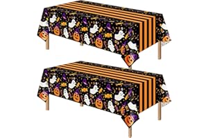 Kelool 2 Pack Halloween Tablecloth 54 x 108 Inch,Plastic Table Cloth Rectangle Disposable,Ghost Black Tablecloths Halloween Decorations,Pumpkin Witch Hat Table Cover for Indoor Outdoor Party Decor