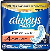 Always Maxi Overnight Pads with Wings for Women, Size 4, Overnight Absorbency, Unscented, 33 Count