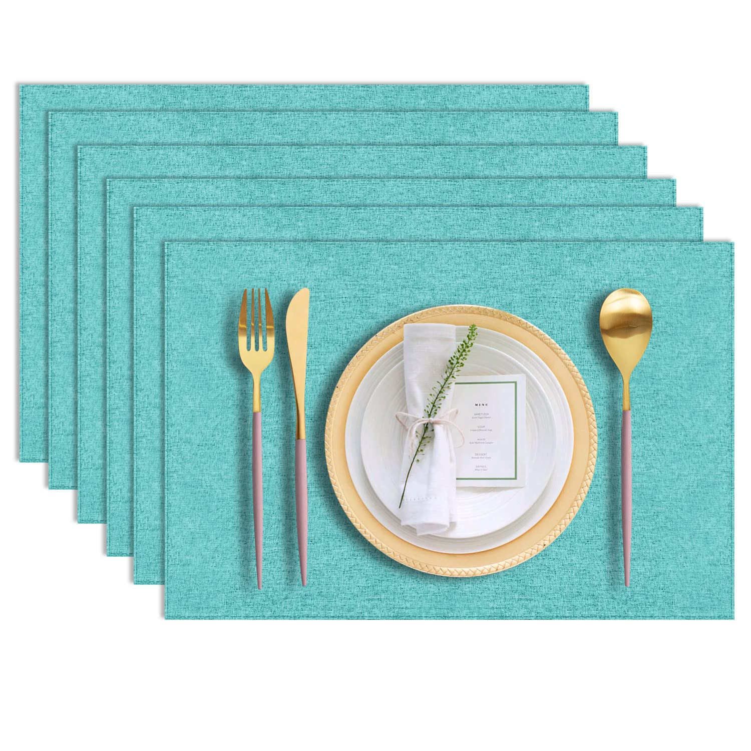 Photo 1 of LANDVIEW Cloth Placemats Set of 6, Cotton Linen Blend Machine Washable Durable Linen Table Mats, Heat Resistant Placemats Wrinkle Free Place Mats for Dining Table, Easy to Clean (Teal, 6)