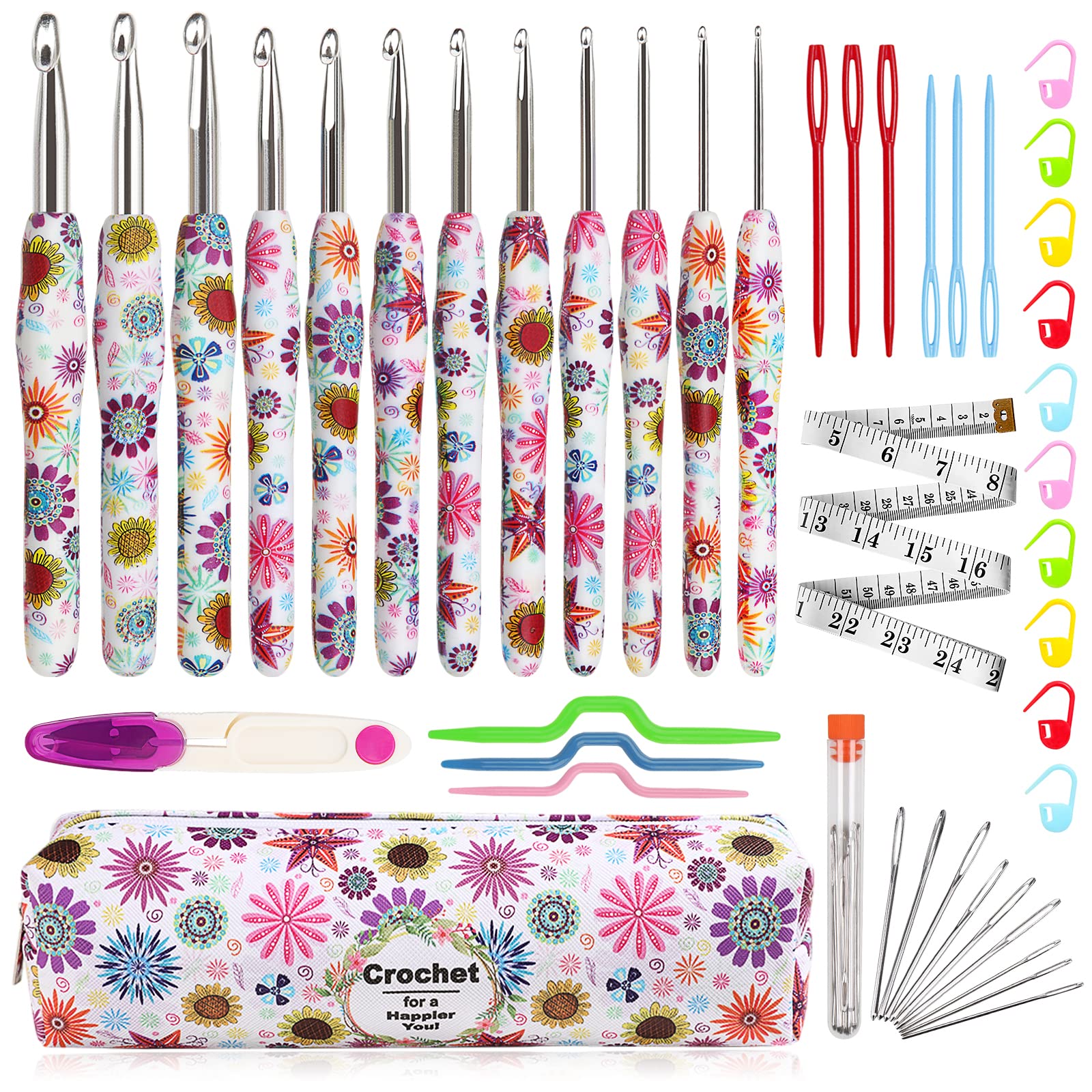 Aeelike Crochet Hooks Set, Ergonomic Crochet Hooks Soft Grip with Case, 2.25mm-8mm Pretty Floral Handle Crochet Hook Set for Beginners Adults and Arthritic Hands