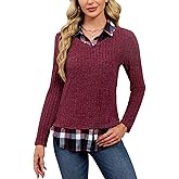 Unsenthy Collared Sweaters for Women Long Sleeve Shirt Sweater Combo Twofer Tops 2 in 1 Plaid Patchwork Layered Shirts