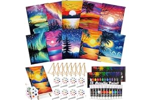 Ctosree 72 Pcs Vivid Sunset Paint and Sip Kit for Adults 8'' x 10'' Pre Drawn Canvas for Painting DIY Pre Printed Canvas for Party Favor Afro Acrylic Painting Kit Wood Easel Brushes Date Night Bulk
