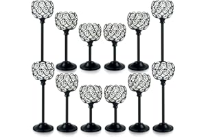 Kehail Crystal Metal Tealight Candlestick, Bling Bowl Candelabras, Tall Crystal Votive Candle Holders Elegant Crystal Candle Centerpiece for Dining Table Wedding Decor (Set of 12, Balck)