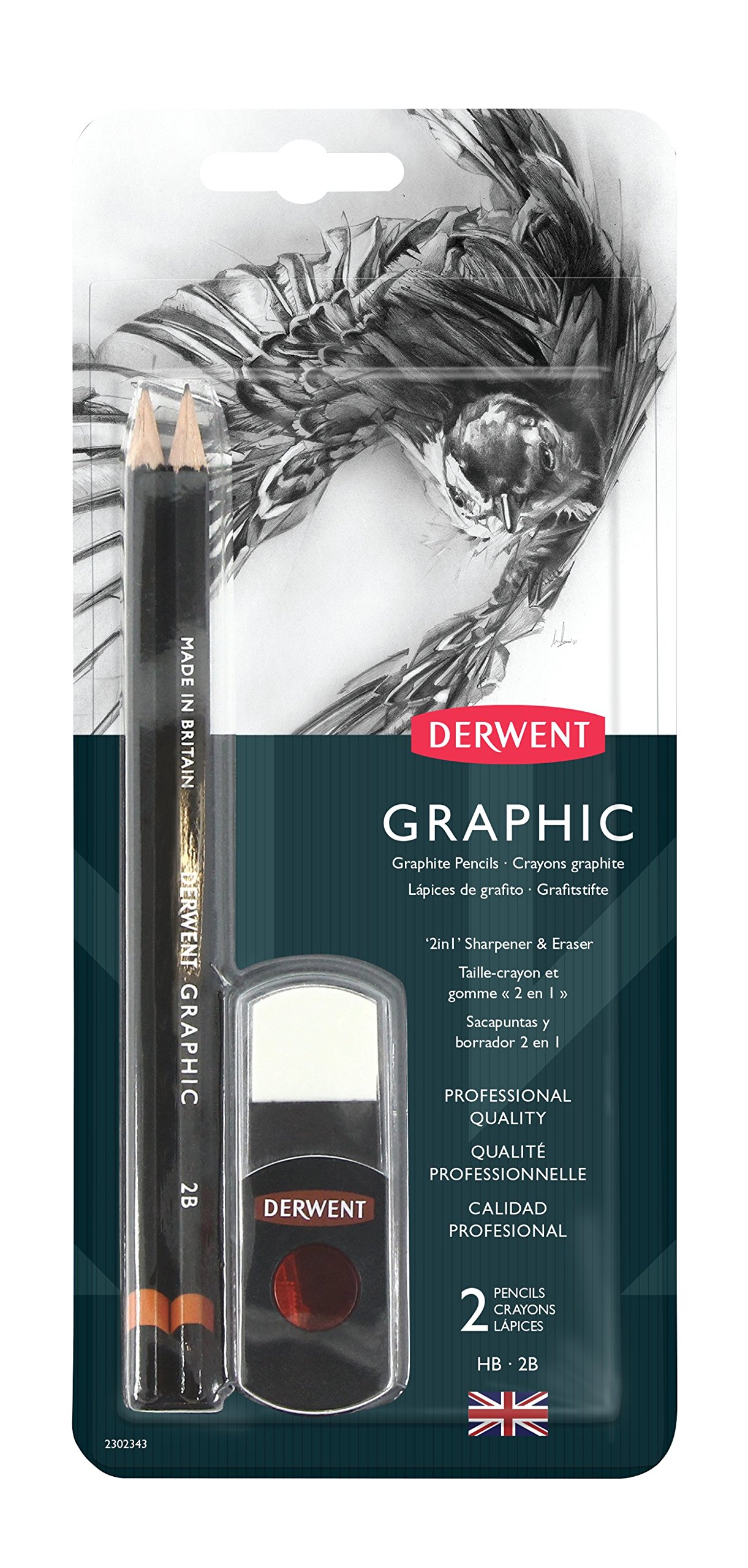 DerwentGraphic Graphite Drawing Pencils, Set of 2 with 2-in-1 Sharpener and Eraser, Professional Quality, 2302343