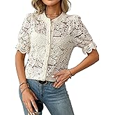 FEOYA Lace Blouses for Women Sheer Lace Short Sleeve Top Crew Neck Button Down Shirts Casual Puff Sleeve Dressy Shirt S-XL