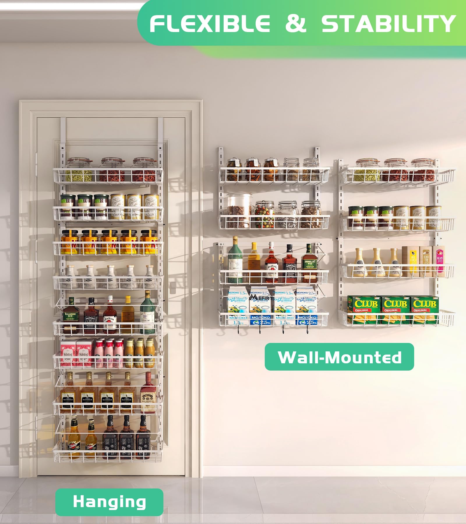 Mefirt Over The Door Pantry Organizer, Wall Mount Spice Rack, Pantry Hanging Storage and Organization, 8 Adjustable Baskets Heavy-Duty Metal for Home & Kitchen, Back of Door Seasoning Rack - White