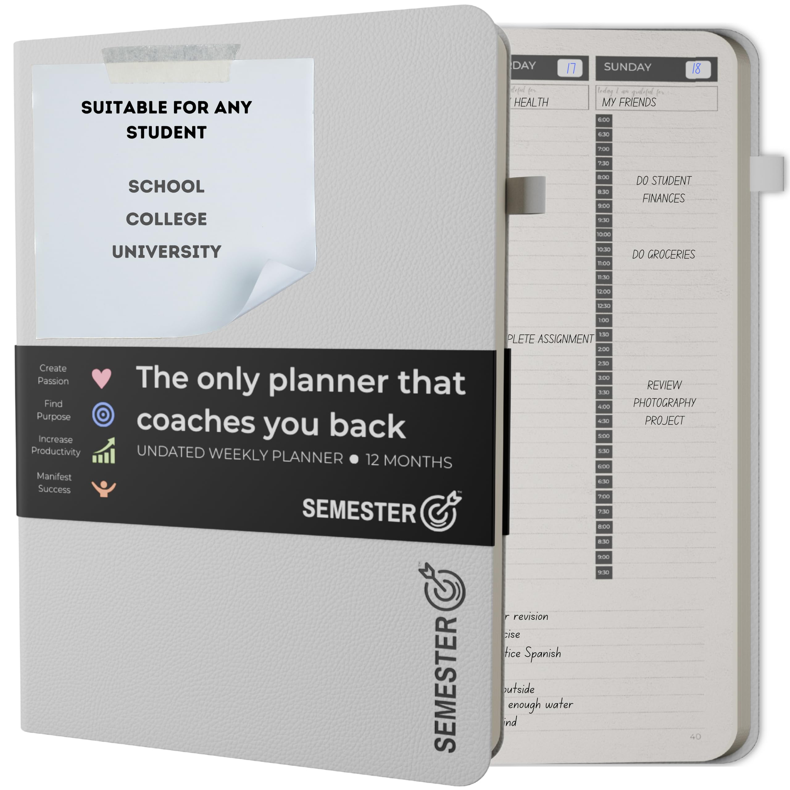 Undated Weekly Study Planner Notebook - B5 Size Faux Leather Students Planner for 2026-2027 | Weekly Goal Setting Productivity To do List Notebook Diary Expert with Habit Tracker & Work (In Box)