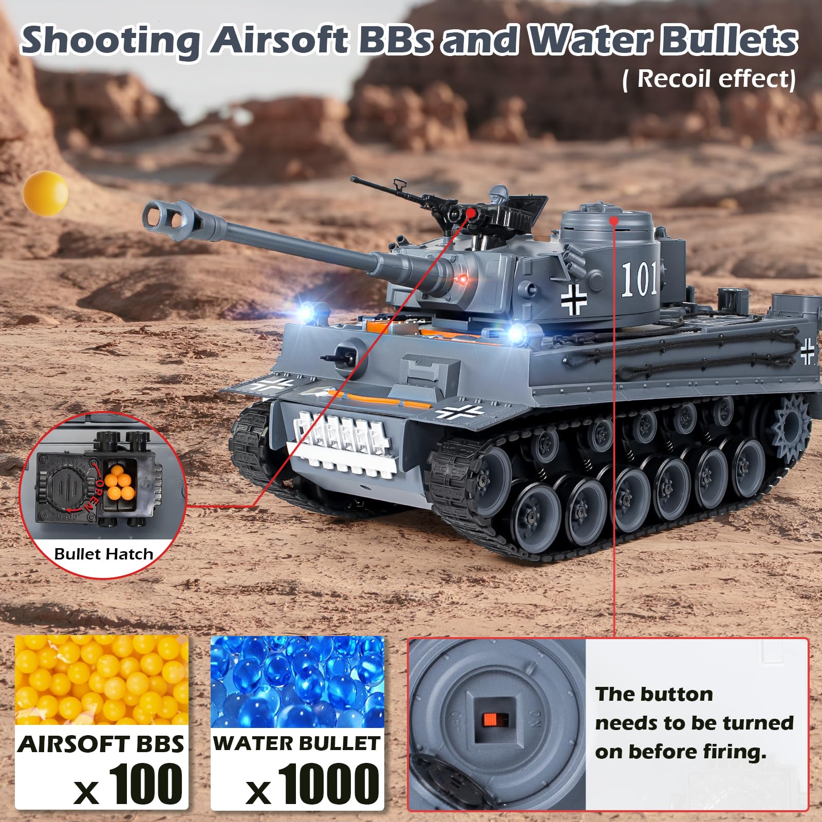 Supdex 1:18 Remote Control Tank, 2.4Ghz WW2 German Tiger I RC Tank Model Toys, Battle Army Toy 15 Channel with Smoke Light and Sound, Military Toy for Adults and Kids That Shoots BBS and Water Bombs