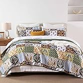 WONGS BEDDING Boho Quilt Set King Size, Plaid Patchwork Bedspread Bedding Set Soft Microfiber Quilt for King Bed Reversible 3 Pieces Coverlet Set for All Season (Brown Olive 104"x90")