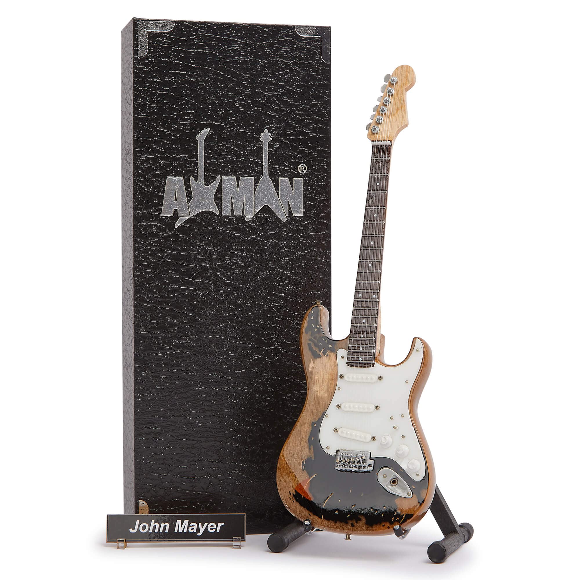 J Mayer | Guitar Black 1 - Miniature Guitar Replica - Music Gifts - Handmade Ornamental 1/4 Scale - Includes a Display Box, Name Tag and Miniature Guitar Stand