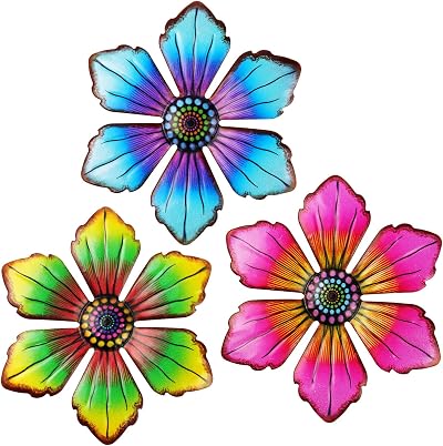 OFFCUP 3 Pack Metal Flowers Wall Decor Wrought Iron Colorful Garden Art