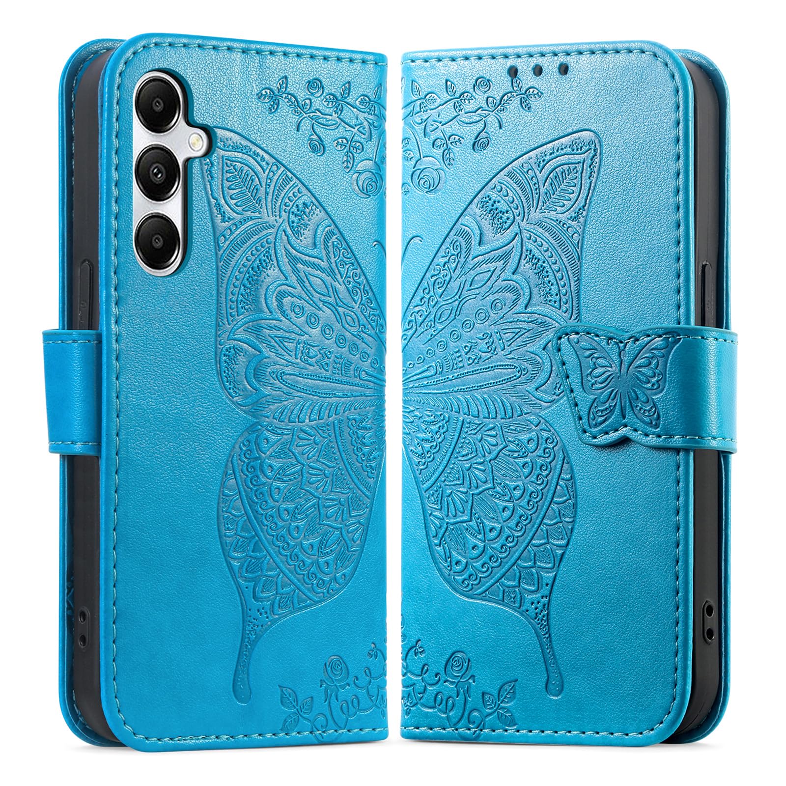 for Samsung Galaxy A16 5G Wallet Case with Card Holder, [Butterfly & Flower Embossed] PU Leather Kickstand for Women and Men Shockproof Case for Samsung A16 5G (Blue)