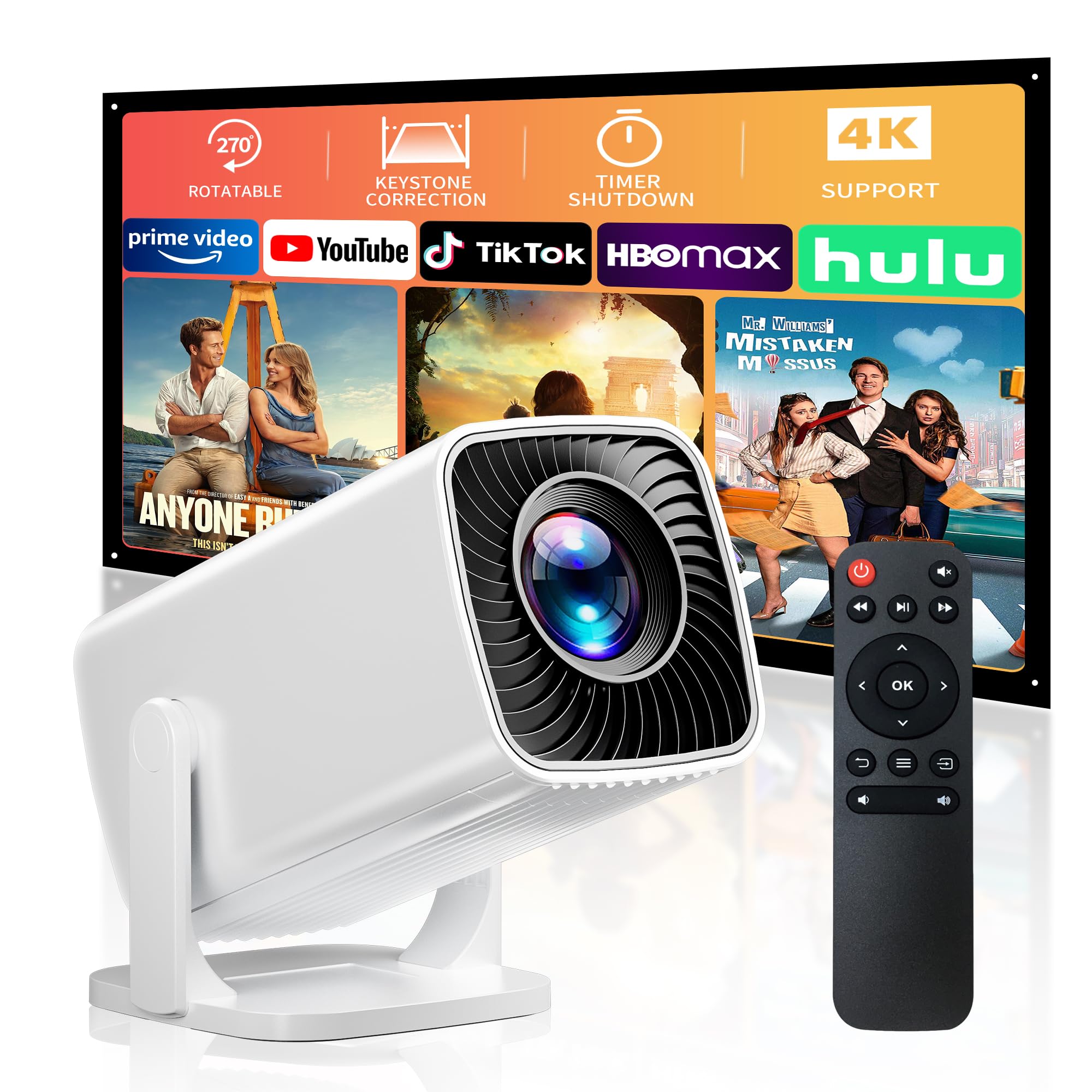 Mini Projector, Portable Projector 4K Support, Full HD 1080P Outdoor Projector, 270° Rotation Movie Projector, Compatible with Smartphone, TV Stick, Laptop, PS4, HDMI, USB (No WiFi or Bluetooth)