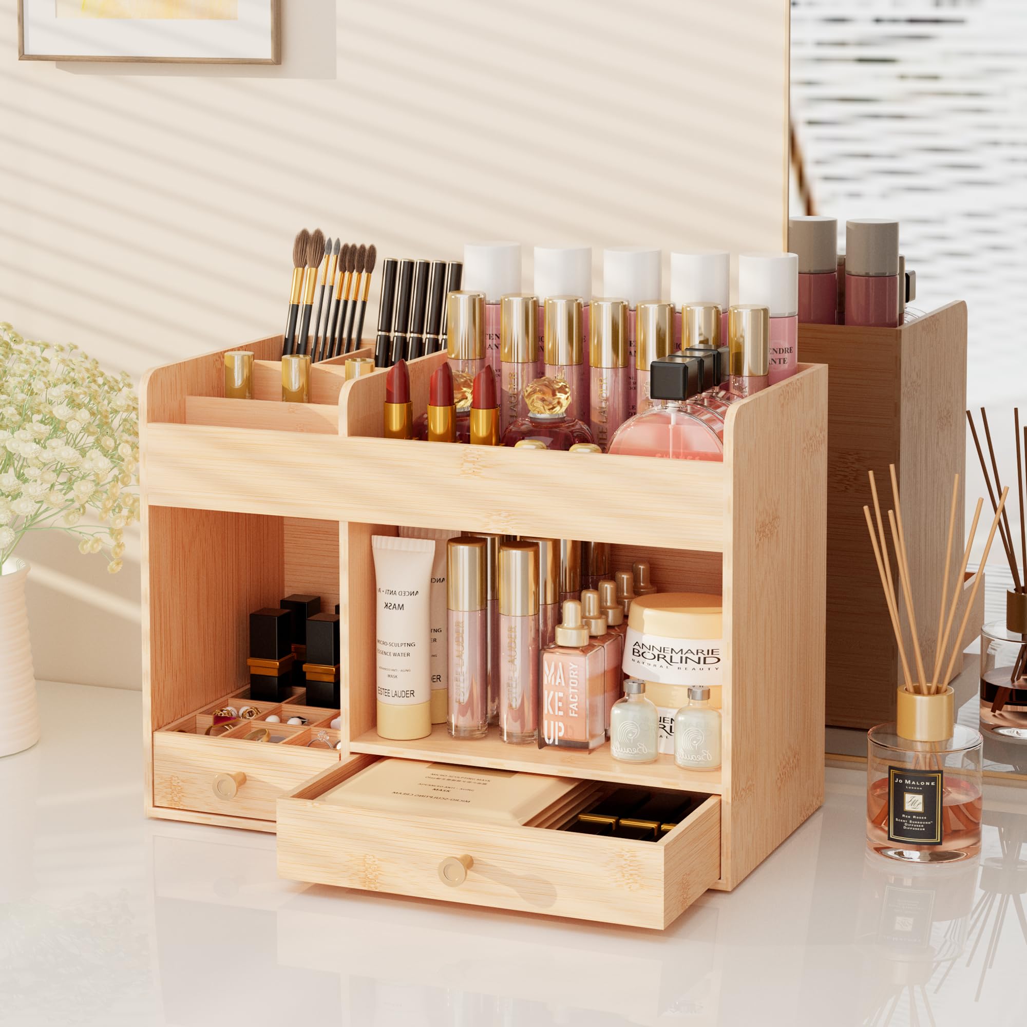 Photo 1 of LONTAI Bamboo Makeup Organizer with Drawers, Cosmetic Storage for Lipstick Organizer Beauty Holder Skincare Organizer for Dresser Vanity Bathroom Countertop, No Assembly Required (Natural)