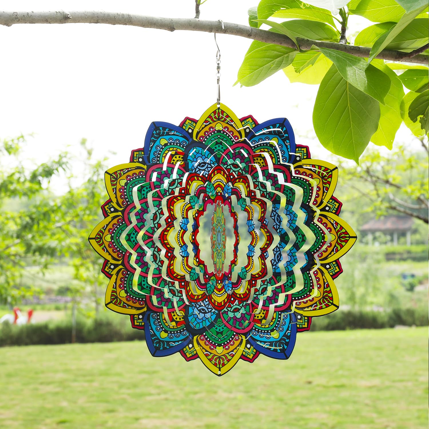 Gochoi Mandala Hanging Wind Spinners Outdoor,Mandala Garden Yard Decor,11 inch Stainless Steel Wind Spinner Gifts for Women Mom Grandma Wife,Yard Garden Ornaments Outside Decorations-Green Mandala