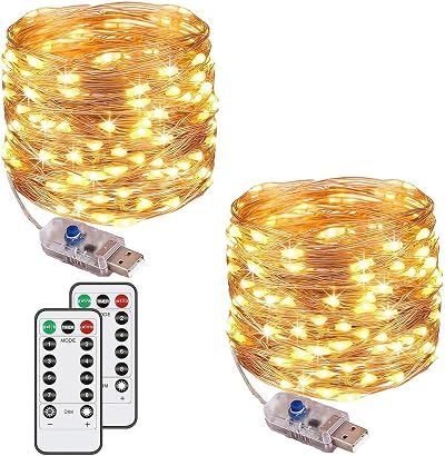 Augone 2 Pack 120 LED 40ft USB Copper String Lights 8 Modes Remote IP65