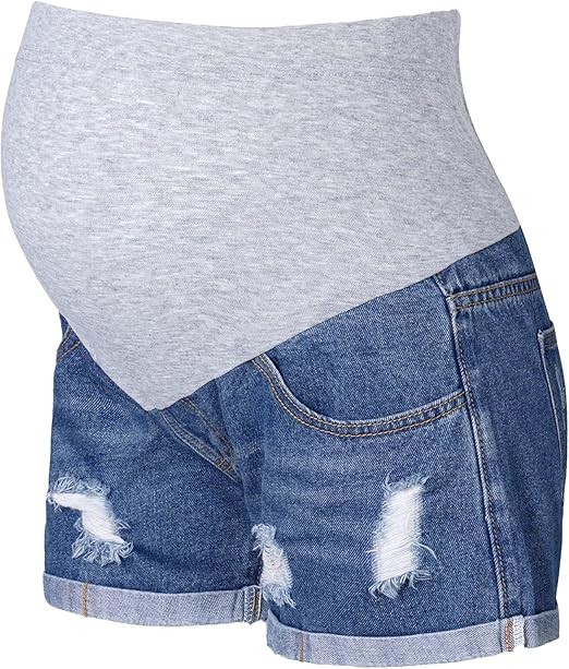 JEATHA Women's Maternity Over The Belly Ripped Denim Shorts Summer