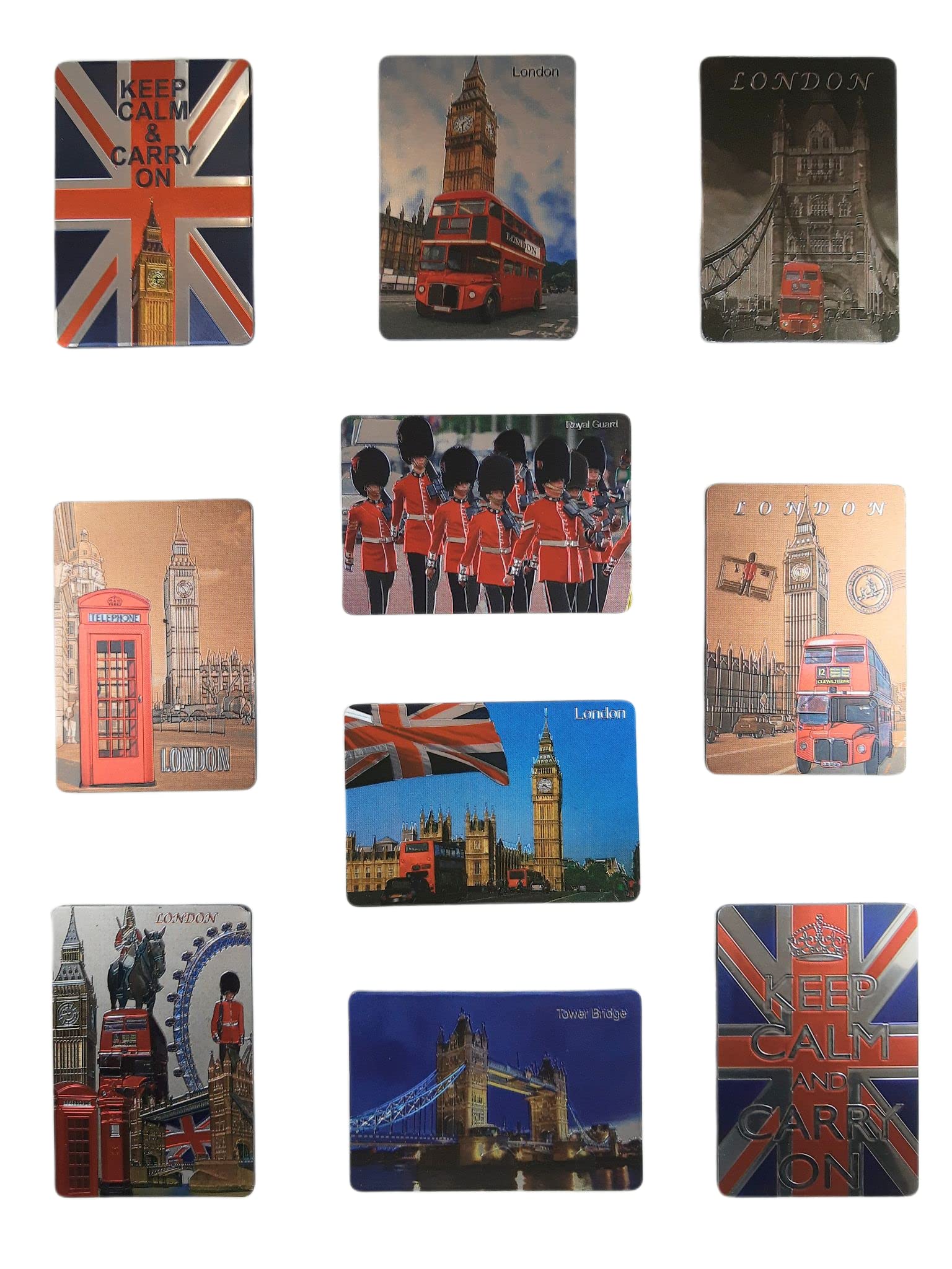 10 pcs London England Collage Photo Foil Fridge Magnets, Collectible Souvenir, Designed in U.K., 55mmx80mm(2.12inchx3.12inch), 2mm thickness